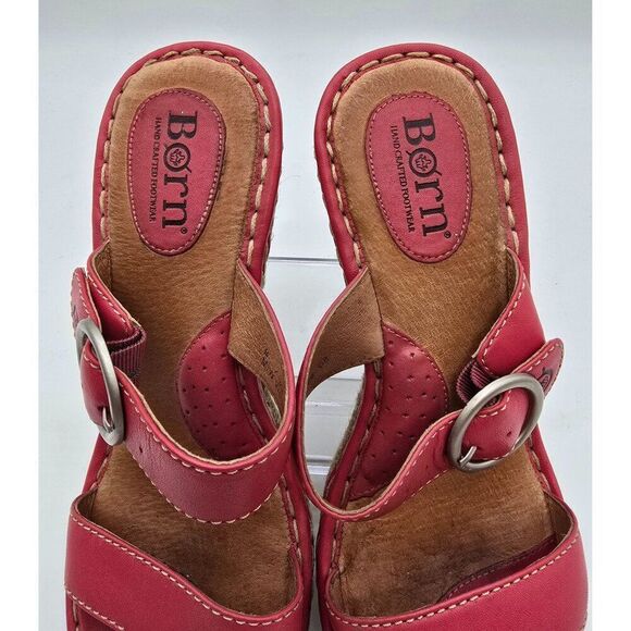 Born Womens Red Leather Strappy Wedge Sandals With Braided Espadrille Heel & Adj - Picture 2 of 12